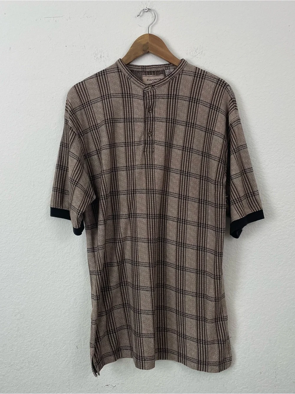 Evan Picone Sport Men's XL Cotton/Poly plaid Brown‎ Scoop Neck Henley Shirt